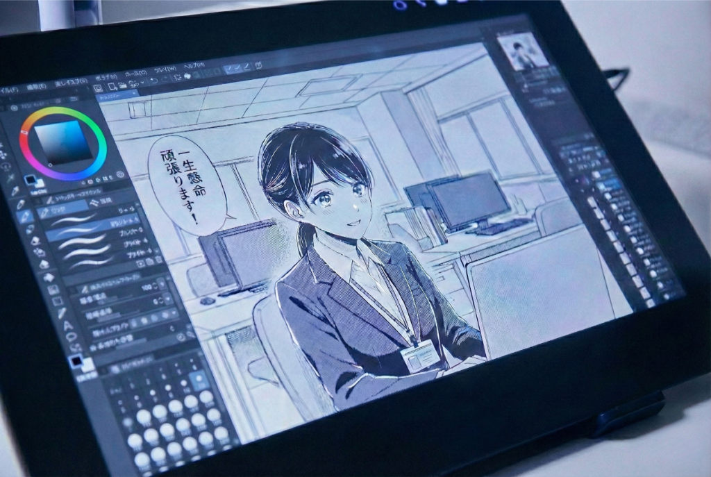 デジタルタブレットで漫画を制作する様子