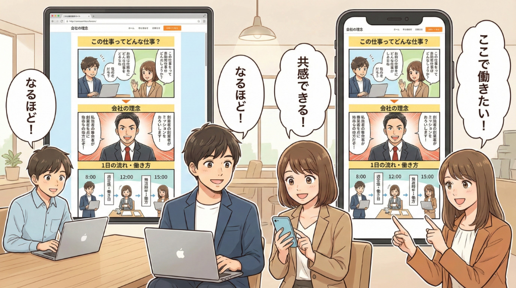 採用サイトの課題 - PCとスマホで採用漫画サイトを見る求職者たち