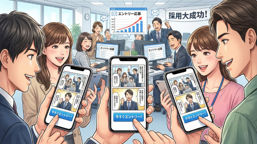 スカウト返信率の課題 - オフィスでスマホを見る採用担当者たち