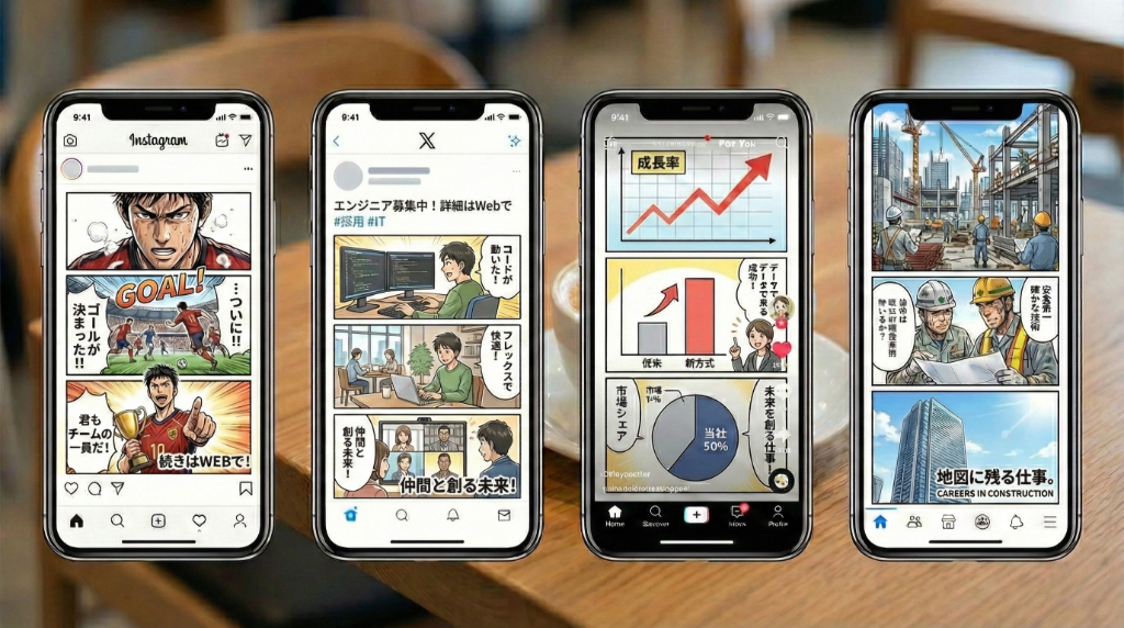 SNS採用の課題 - Instagram・X・TikTokなどSNSで採用漫画を見る様子